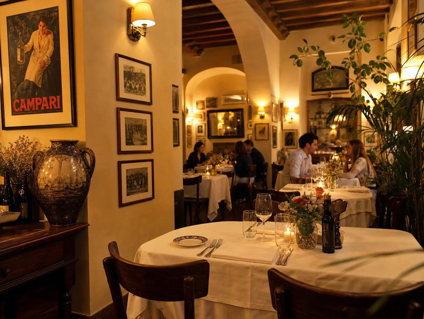 Modern Italian restaurant dining room with warm ambient lighting