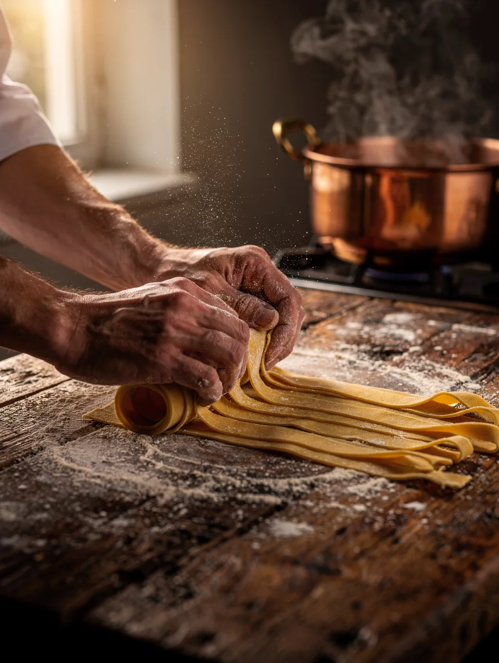 Chef preparing fresh handmade pasta on a wooden surface