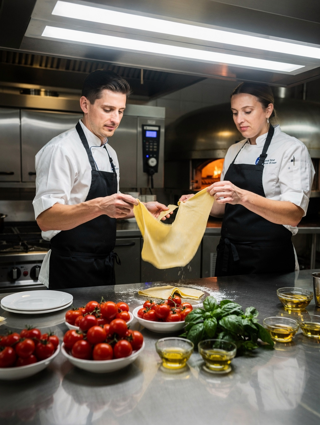 Professional kitchen staff preparing fresh pasta in a modern kitchen