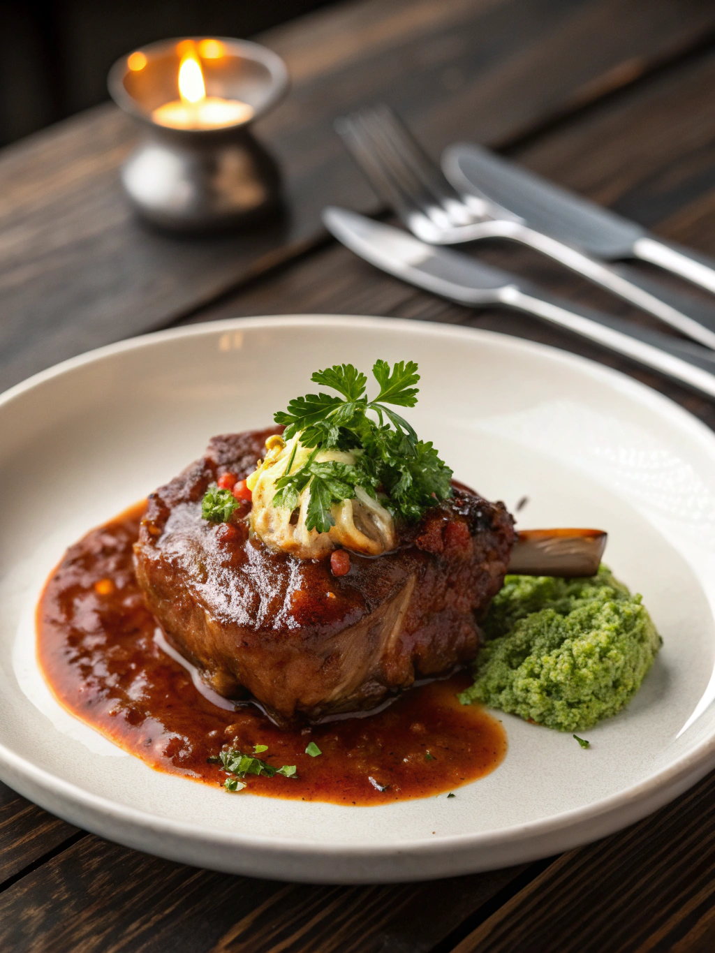 Tender osso buco served over creamy polenta with fresh herbs