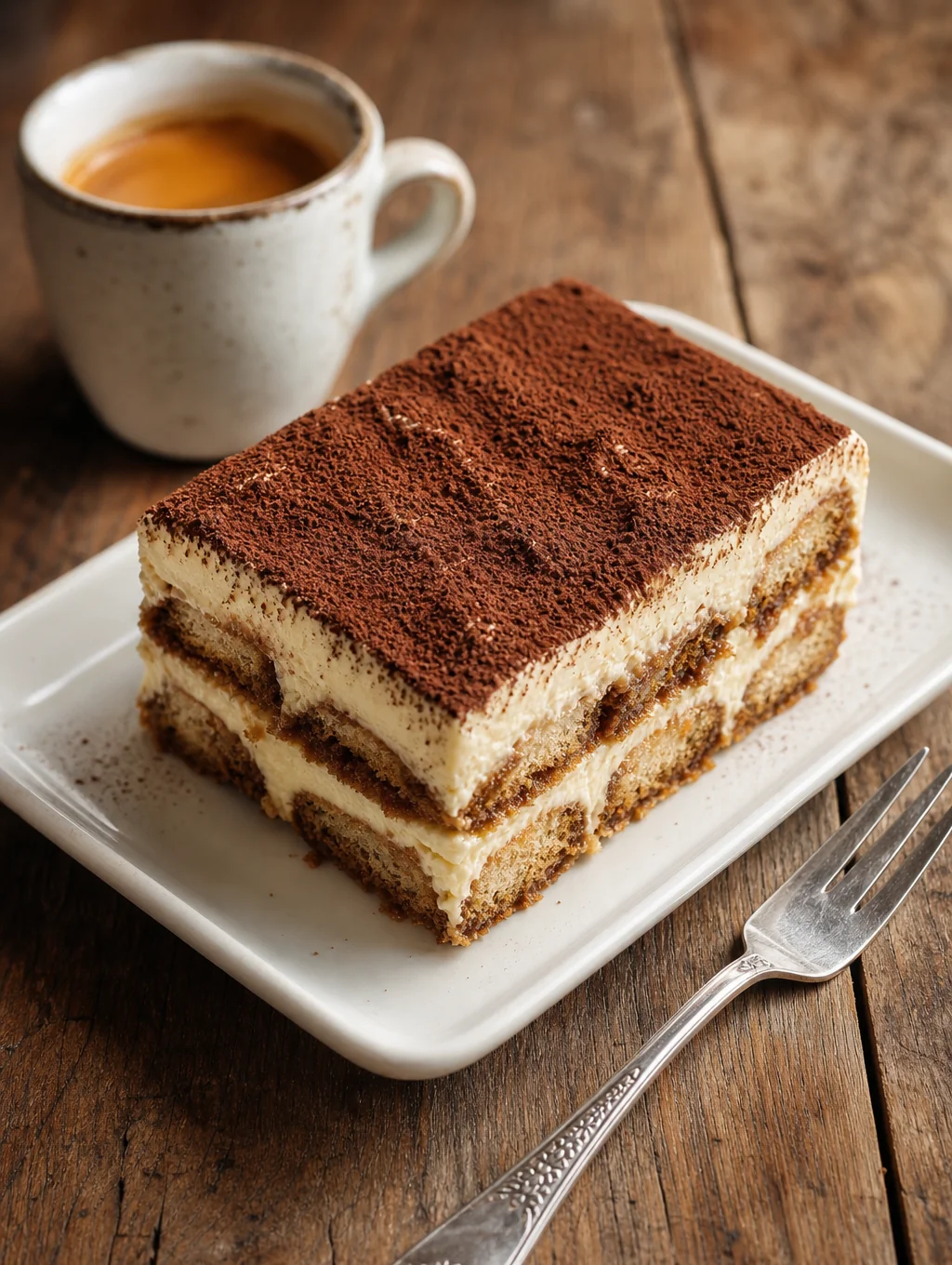 Classic tiramisu dusted with cocoa powder on a ceramic plate