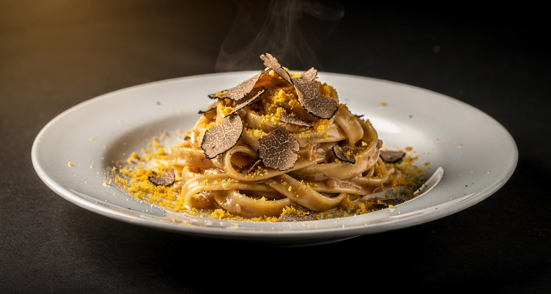 Handmade tagliatelle pasta with shaved black truffle and parmesan