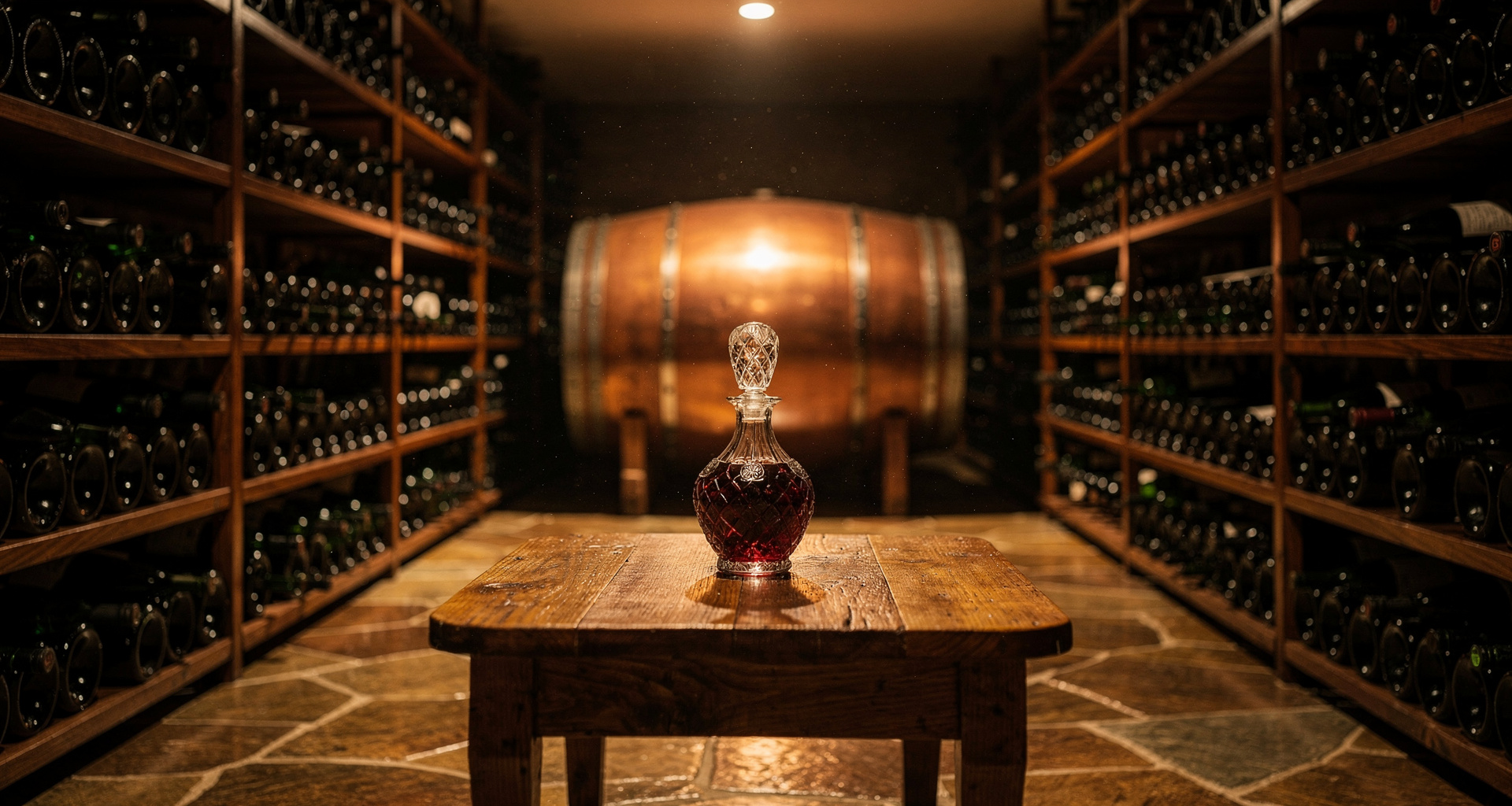 Private wine cellar room with stone walls and vintage wine racks