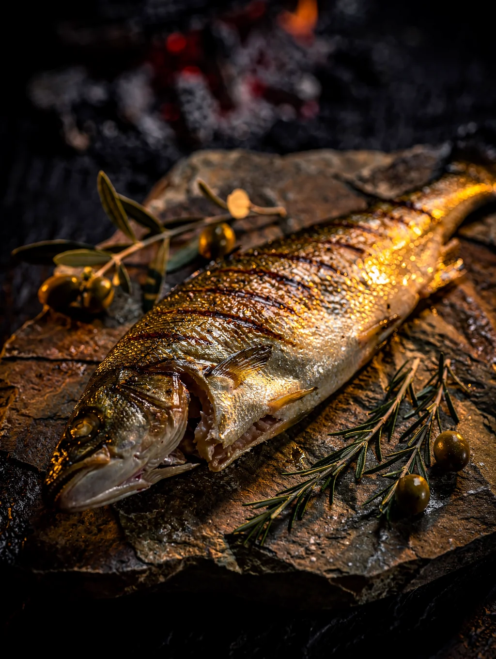 Whole roasted branzino served with charred lemon and herbs