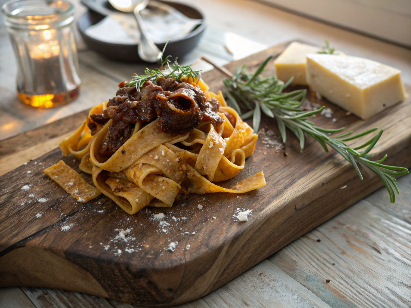 Handmade pappardelle pasta with rich meat sauce