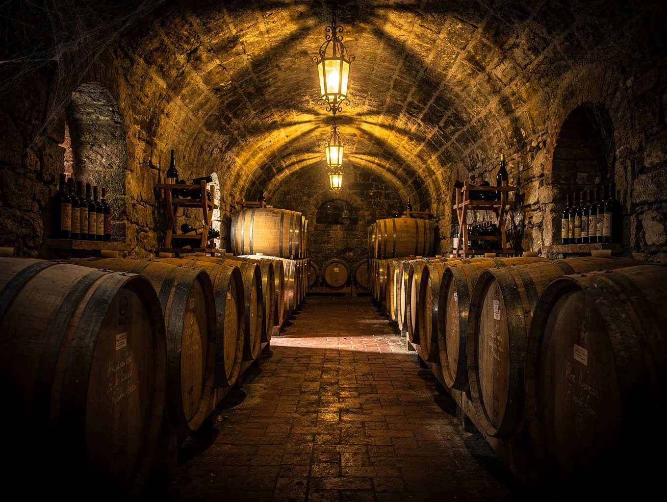Wine cellar shelves filled with curated Italian bottles