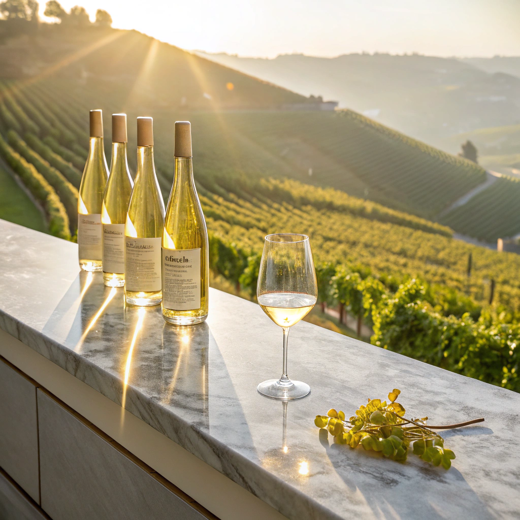 Chilled white wine glass on table